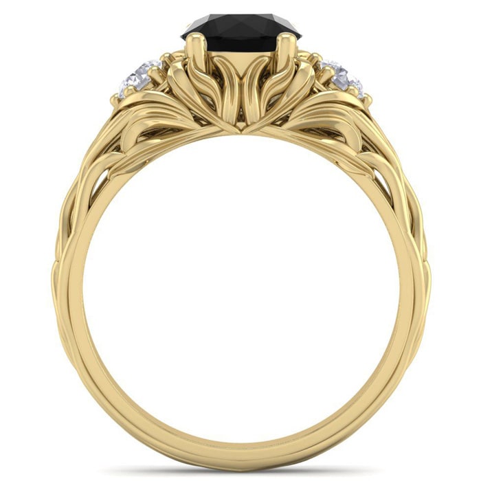 1 1/4 Carat Round Shape Black Diamond Intricate Vine Engagement Ring In 14 Karat Yellow Gold