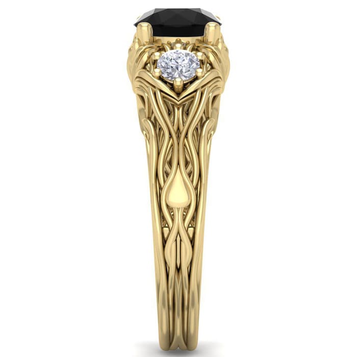 1 1/4 Carat Round Shape Black Diamond Intricate Vine Engagement Ring In 14 Karat Yellow Gold