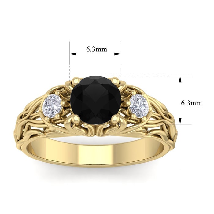 1 1/4 Carat Round Shape Black Diamond Intricate Vine Engagement Ring In 14 Karat Yellow Gold