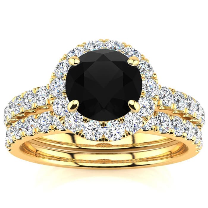 2 Carat Round Black Diamond Halo Bridal Set In 14 Karat Yellow Gold