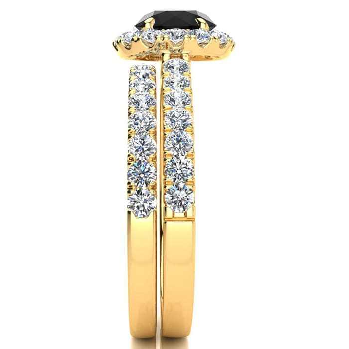 2 Carat Round Black Diamond Halo Bridal Set In 14 Karat Yellow Gold