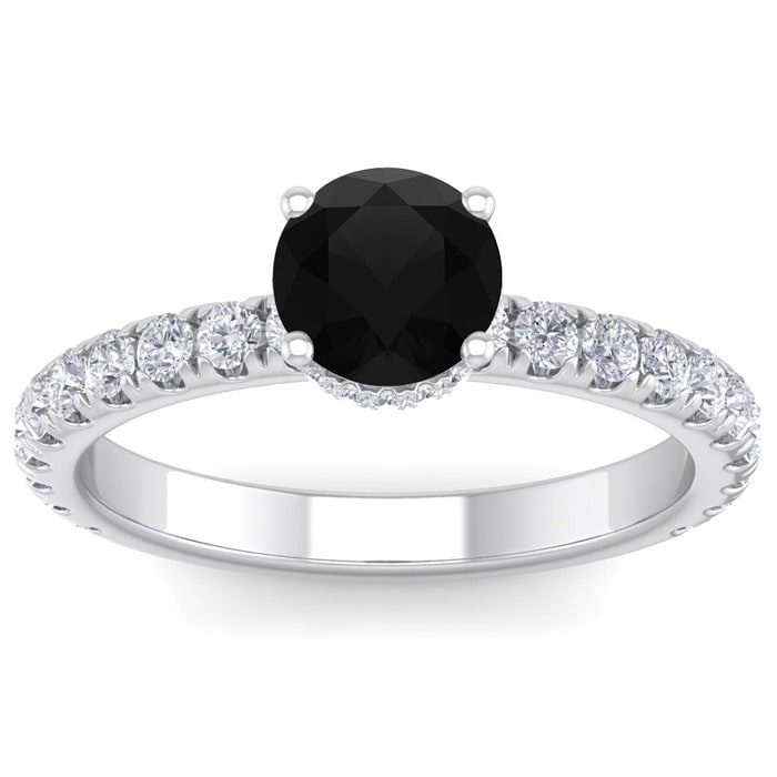 1 1/2 Carat Round Shape Hidden Halo Black Diamond Engagement Ring In 14 Karat White Gold