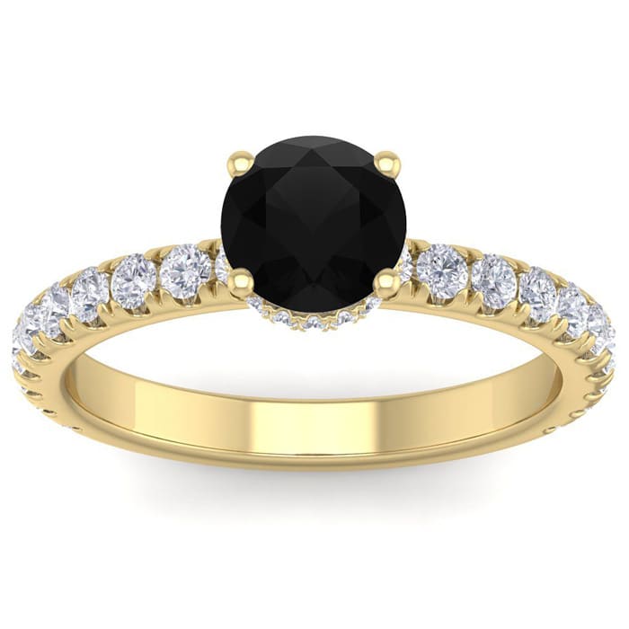 1 1/2 Carat Round Shape Hidden Halo Black Diamond Engagement Ring In 14 Karat Yellow Gold