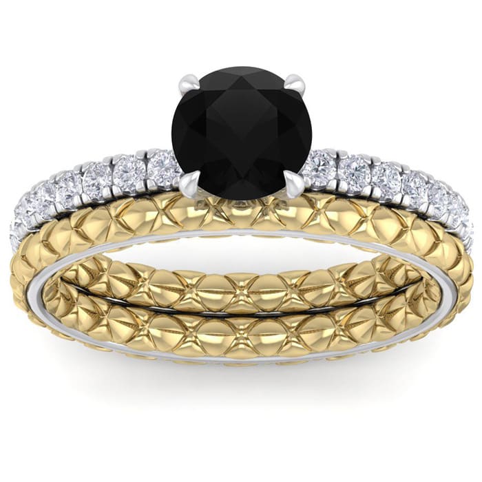 1 1/2 Carat Round Shape Black Diamond Bridal Set In Quilted 14 Karat White and Yellow Gold