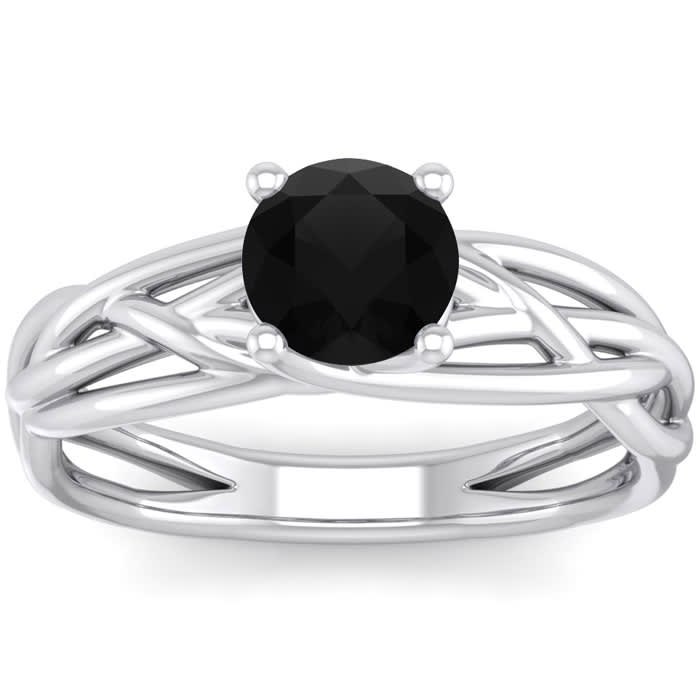 1 Carat Round Black Diamond Solitaire Intricate Vine Engagement Ring In 14 Karat White Gold