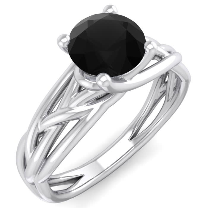 1 Carat Round Black Diamond Solitaire Intricate Vine Engagement Ring In 14 Karat White Gold