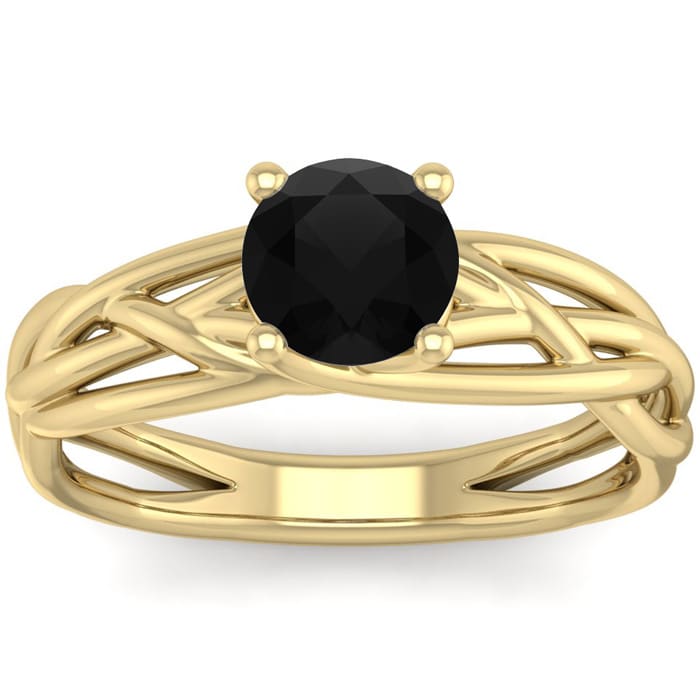 1 Carat Round Black Diamond Solitaire Intricate Vine Engagement Ring In 14 Karat Yellow Gold