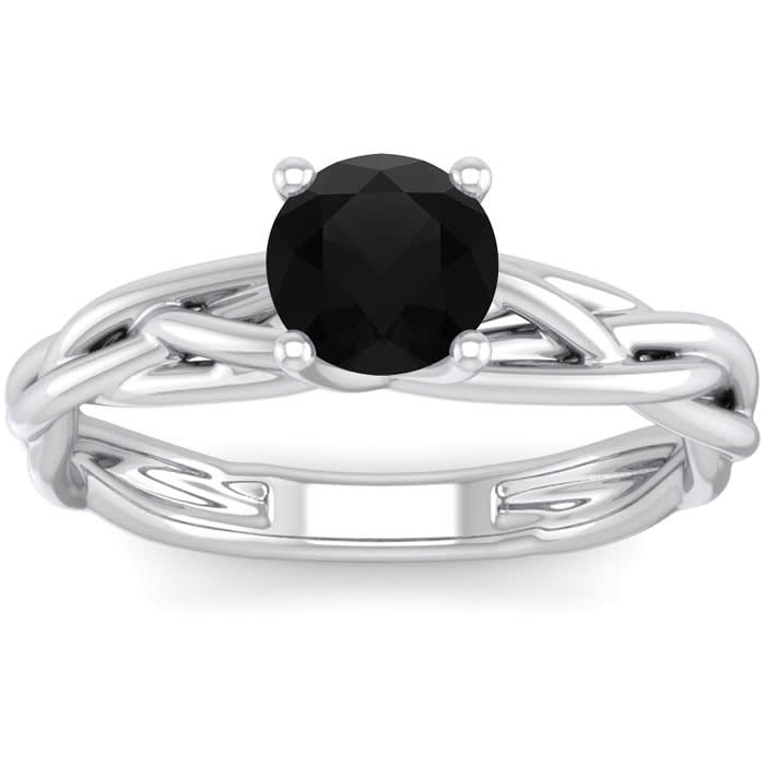 1 Carat Round Black Diamond Solitaire Intricate Vine Engagement Ring With Tapered Band In 14 Karat White Gold