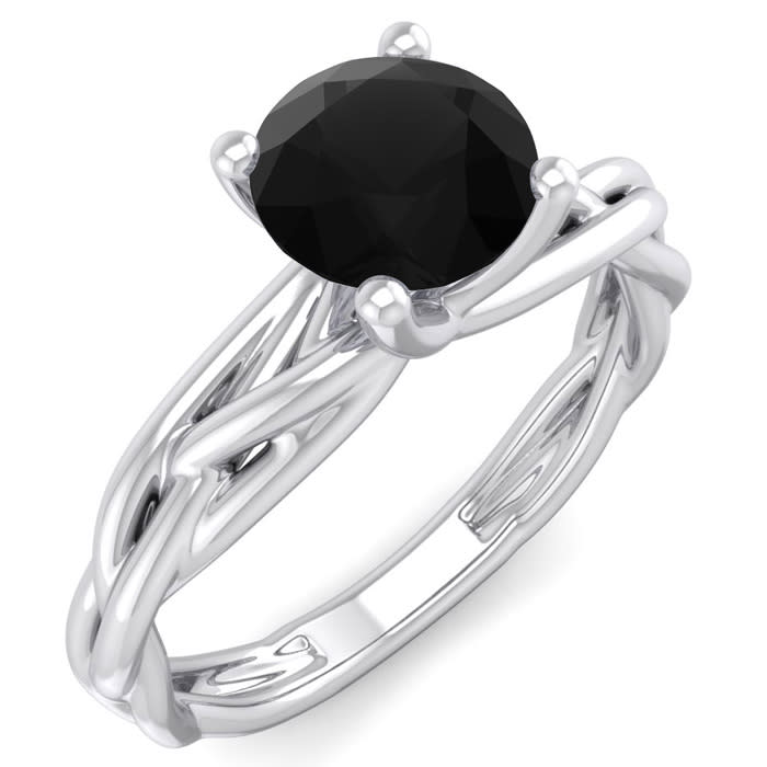 1 Carat Round Black Diamond Solitaire Intricate Vine Engagement Ring With Tapered Band In 14 Karat White Gold