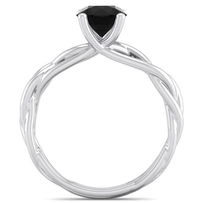 1 Carat Round Black Diamond Solitaire Intricate Vine Engagement Ring With Tapered Band In 14 Karat White Gold