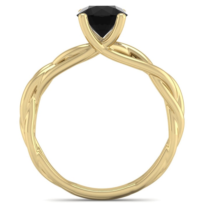 1 Carat Round Black Diamond Solitaire Intricate Vine Engagement Ring With Tapered Band In 14 Karat Yellow Gold