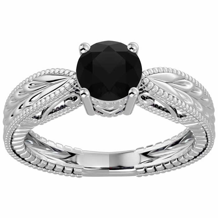 1 Carat Black Diamond Solitaire Engagement Ring with Tapered Etched Band In 14 Karat White Gold