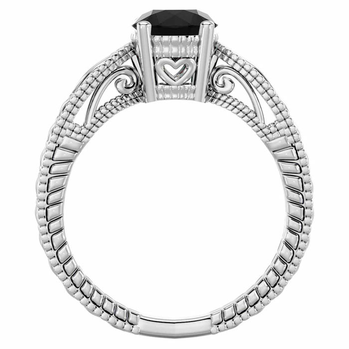 1 Carat Black Diamond Solitaire Engagement Ring with Tapered Etched Band In 14 Karat White Gold
