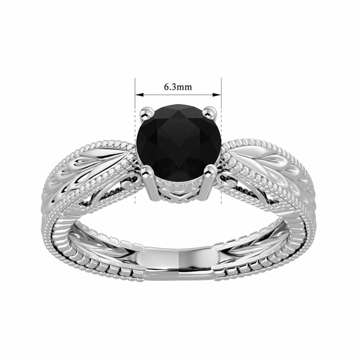 1 Carat Black Diamond Solitaire Engagement Ring with Tapered Etched Band In 14 Karat White Gold