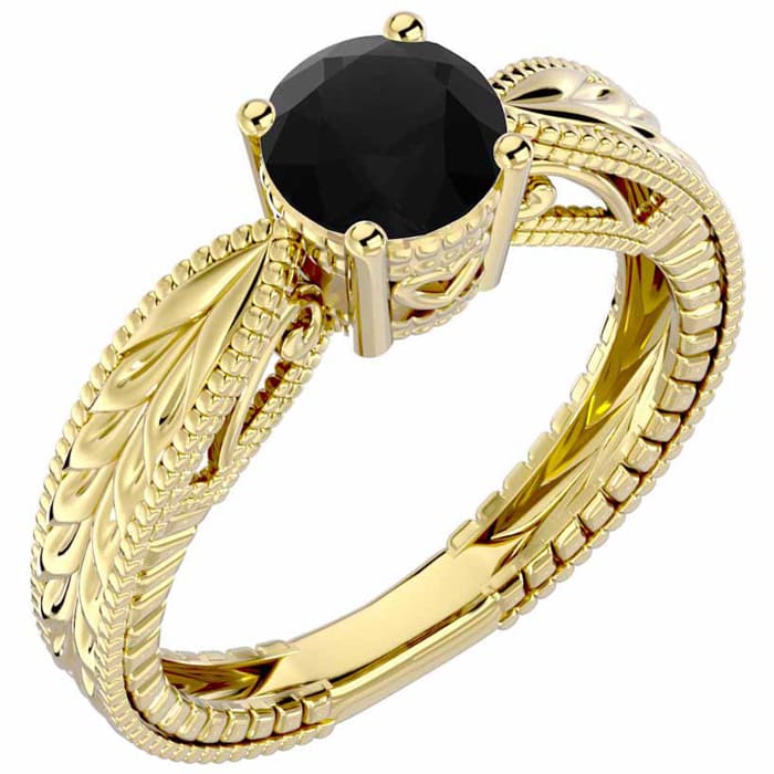 1 Carat Black Diamond Solitaire Engagement Ring with Tapered Etched Band In 14 Karat Yellow Gold