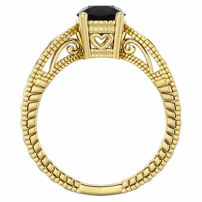 1 Carat Black Diamond Solitaire Engagement Ring with Tapered Etched Band In 14 Karat Yellow Gold