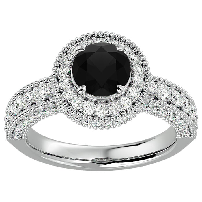 2 1/2 Carat Black Diamond Halo Engagement Ring In 14 Karat White Gold