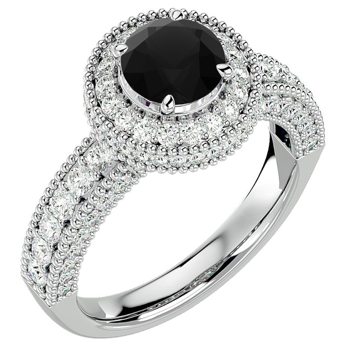 2 1/2 Carat Black Diamond Halo Engagement Ring In 14 Karat White Gold