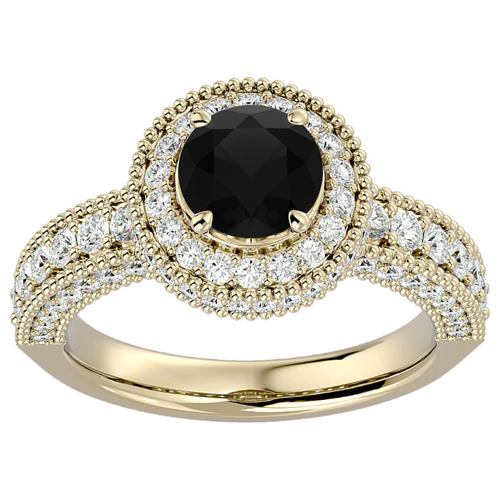 2 1/2 Carat Black Diamond Halo Engagement Ring In 14 Karat Yellow Gold