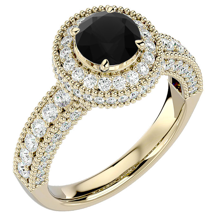 2 1/2 Carat Black Diamond Halo Engagement Ring In 14 Karat Yellow Gold