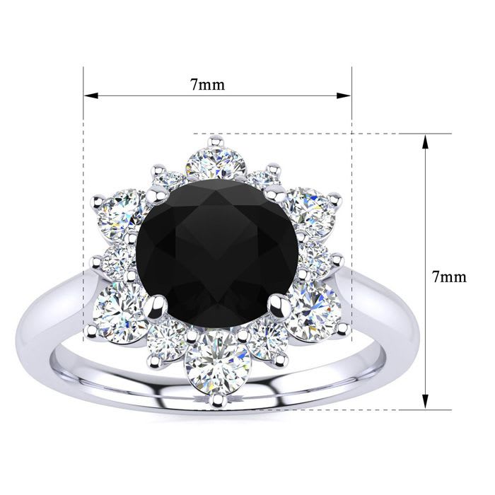 3/4 Carat Round Shape Flower Halo Black Diamond Engagement Ring In 14K White Gold