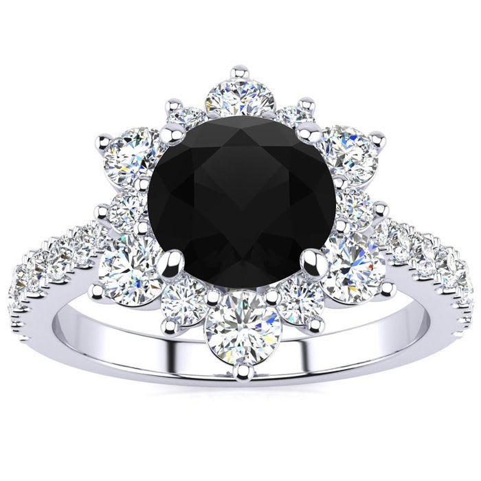 1 Carat Round Shape Flower Halo Black Diamond Engagement Ring In 14K White Gold