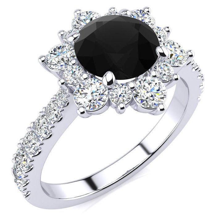 1 Carat Round Shape Flower Halo Black Diamond Engagement Ring In 14K White Gold