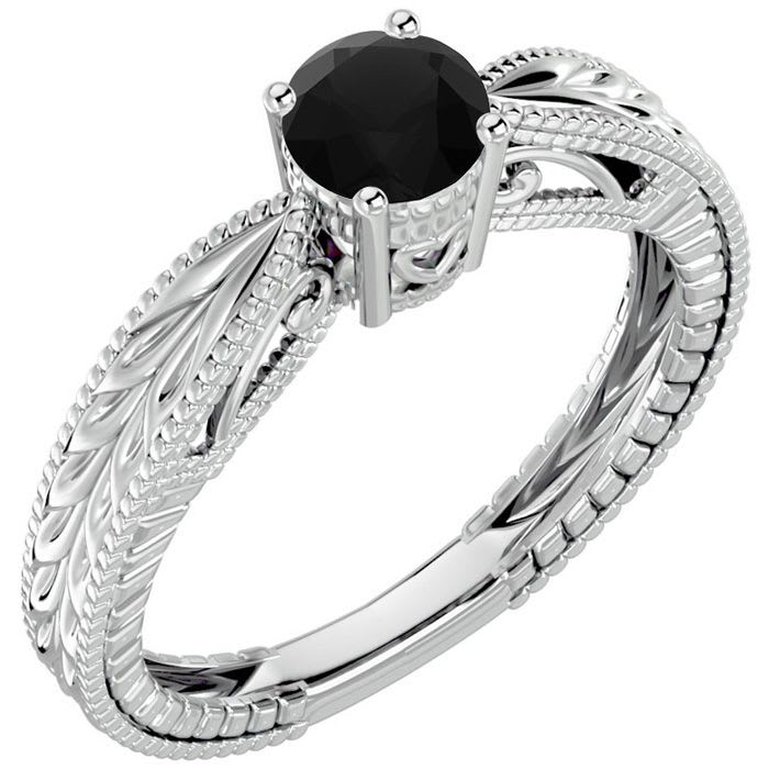 1/2 Carat Black Diamond Solitaire Engagement Ring with Tapered Etched Band In 14 Karat White Gold