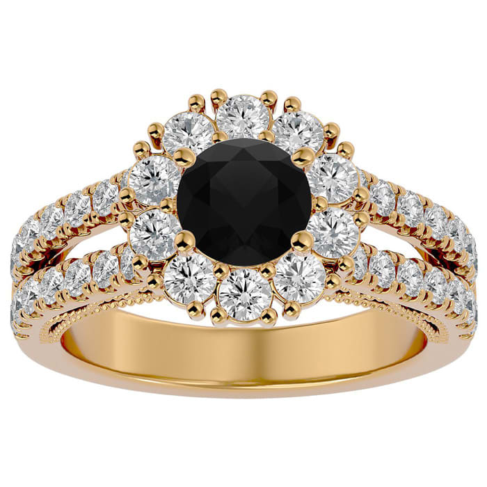 2 1/4 Carat Black Diamond Halo Engagement Ring In 14 Karat Yellow Gold