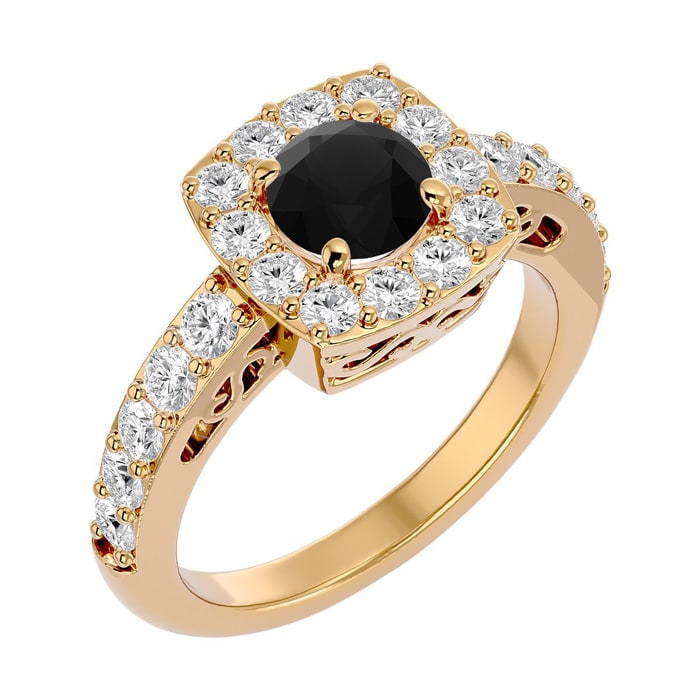 2 1/2 Carat Black Diamond Halo Engagement Ring In 14 Karat Yellow Gold