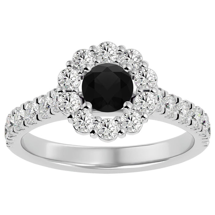 1 1/2 Carat Halo Black Diamond Engagement Ring In 14 Karat White Gold