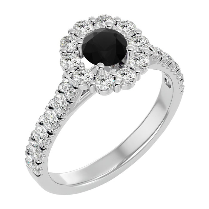1 1/2 Carat Halo Black Diamond Engagement Ring In 14 Karat White Gold