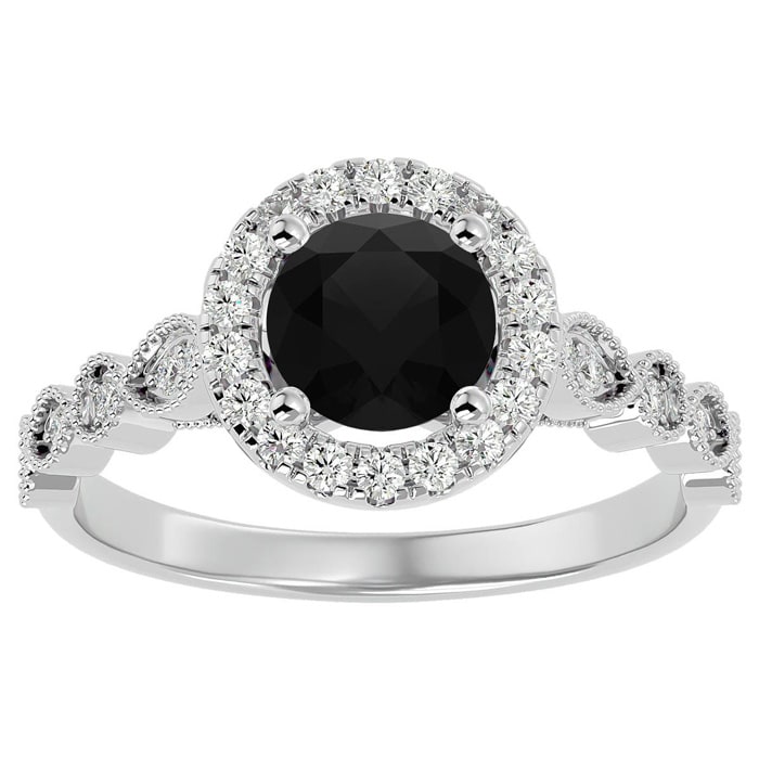 1 1/3 Carat Halo Black Diamond Engagement Ring In 14 Karat White Gold