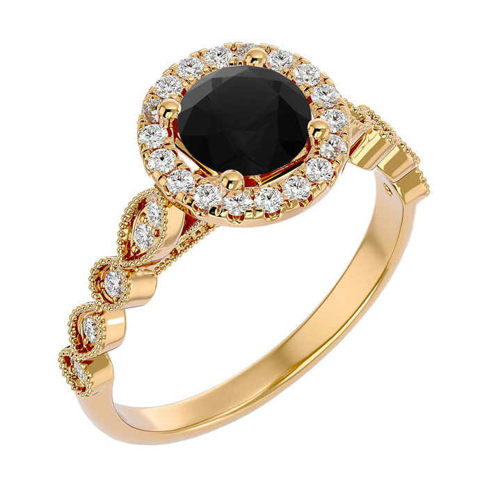 1 1/3 Carat Halo Black Diamond Engagement Ring In 14 Karat Yellow Gold