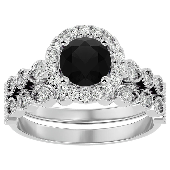 1 1/2 Carat Halo Black Diamond Bridal Set In 14 Karat White Gold