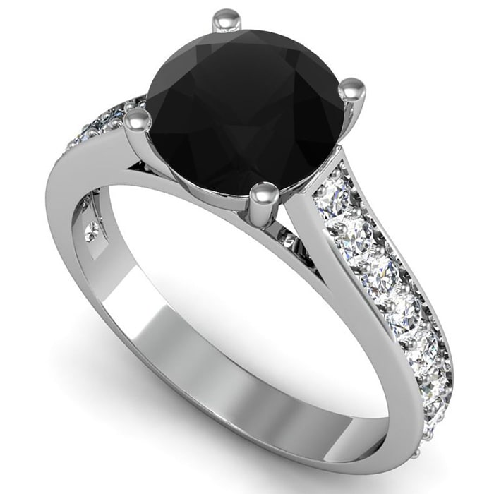 2 1/2 Carat Round Shape Black Diamond Engagement Ring In 14 Karat White Gold