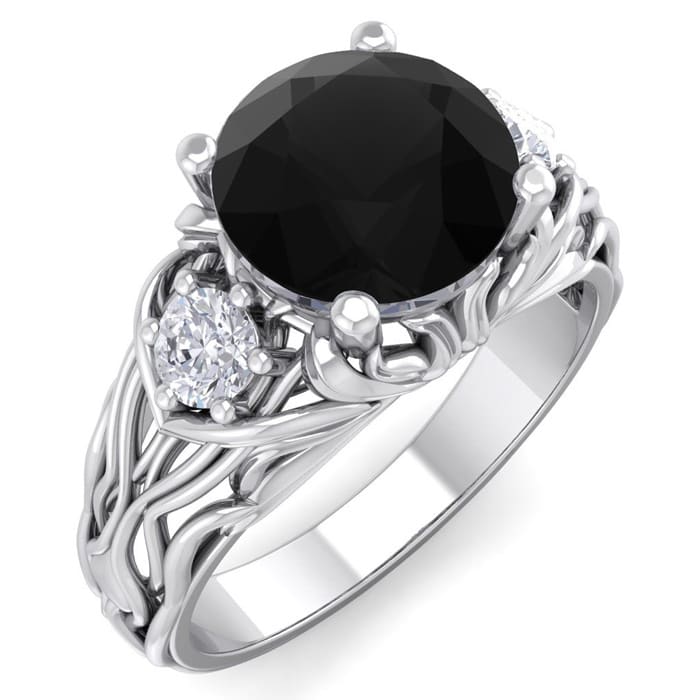 2 1/4 Carat Round Shape Black Diamond Intricate Vine Engagement Ring In 14 Karat White Gold