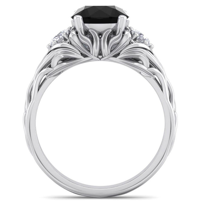 2 1/4 Carat Round Shape Black Diamond Intricate Vine Engagement Ring In 14 Karat White Gold