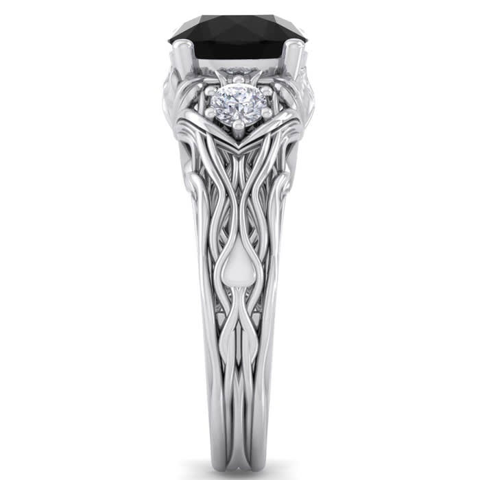 2 1/4 Carat Round Shape Black Diamond Intricate Vine Engagement Ring In 14 Karat White Gold