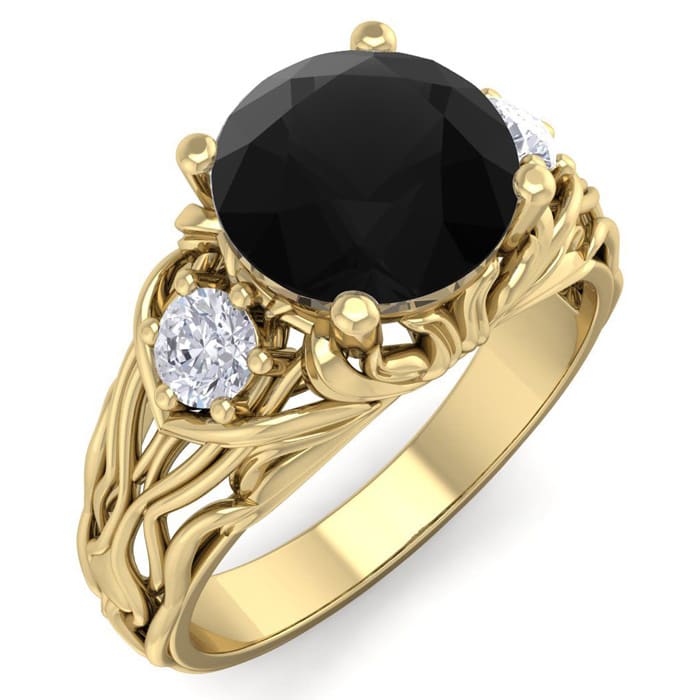 2 1/4 Carat Round Shape Black Diamond Intricate Vine Engagement Ring In 14 Karat Yellow Gold