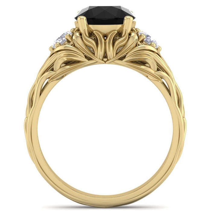 2 1/4 Carat Round Shape Black Diamond Intricate Vine Engagement Ring In 14 Karat Yellow Gold