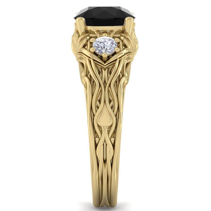 2 1/4 Carat Round Shape Black Diamond Intricate Vine Engagement Ring In 14 Karat Yellow Gold