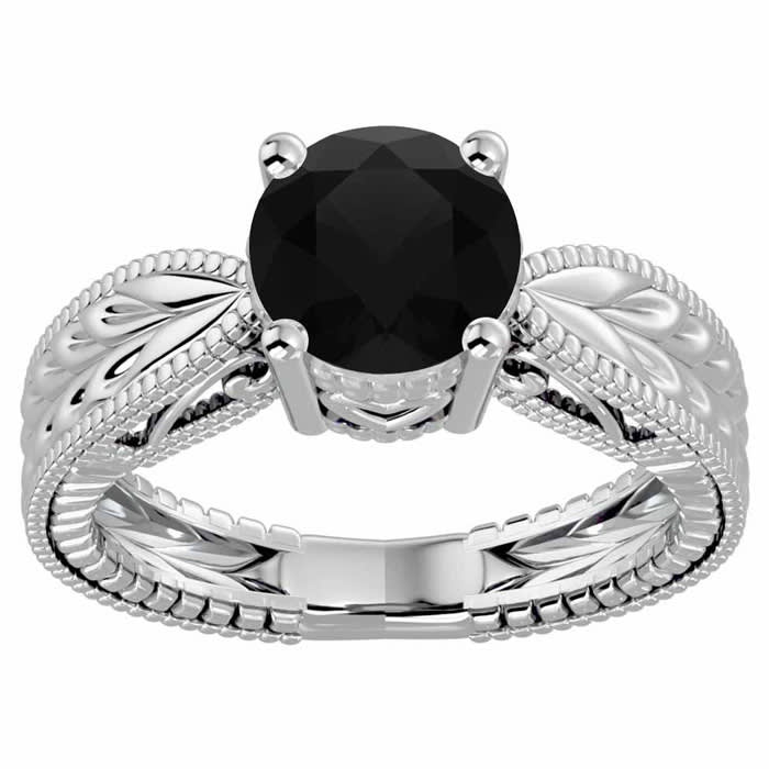 2 Carat Black Diamond Solitaire Engagement Ring with Tapered Etched Band In 14 Karat White Gold