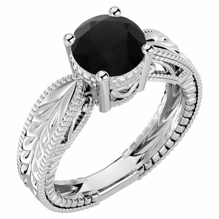 2 Carat Black Diamond Solitaire Engagement Ring with Tapered Etched Band In 14 Karat White Gold