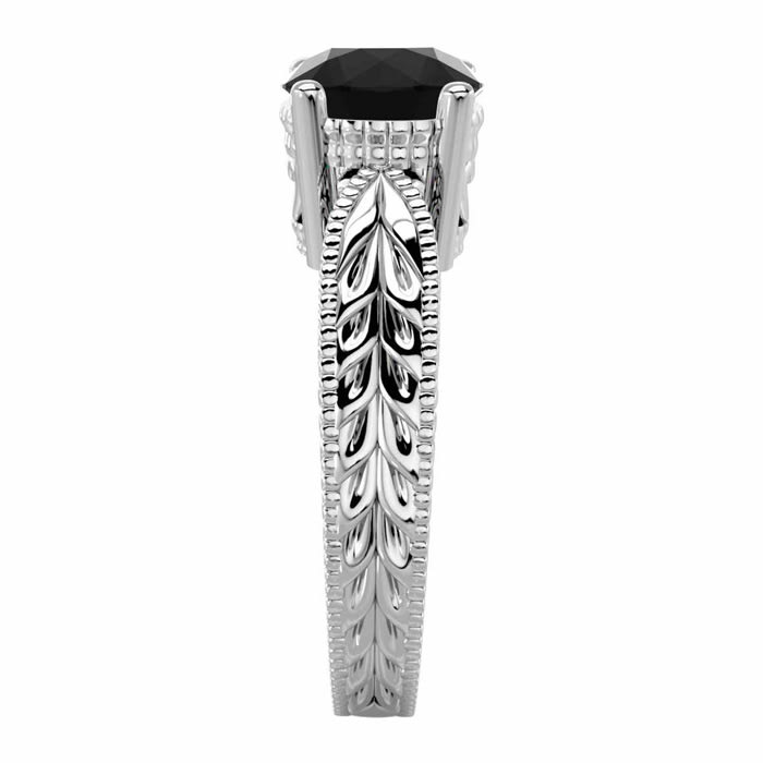 2 Carat Black Diamond Solitaire Engagement Ring with Tapered Etched Band In 14 Karat White Gold