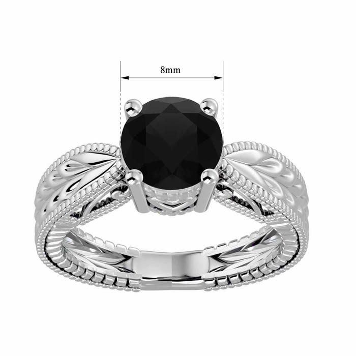 2 Carat Black Diamond Solitaire Engagement Ring with Tapered Etched Band In 14 Karat White Gold