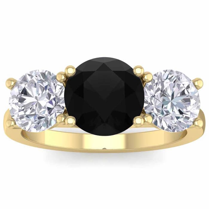 4 Carat Black Diamond Three Stone Ring In 14 Karat Yellow Gold. Huge Amazing Ring!