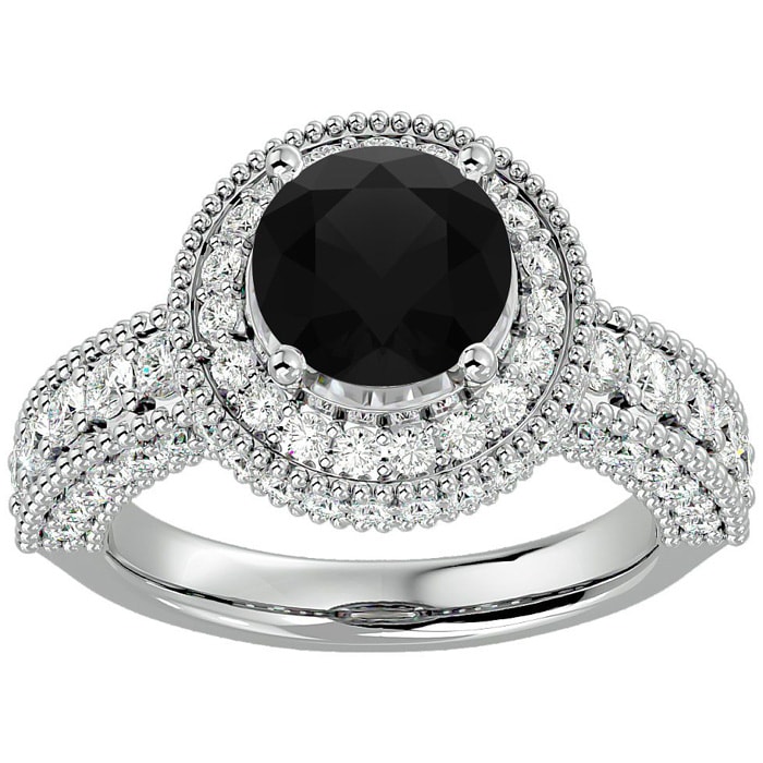 3 1/2 Carat Black Diamond Halo Engagement Ring In 14 Karat White Gold