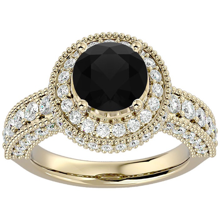 3 1/2 Carat Black Diamond Halo Engagement Ring In 14 Karat Yellow Gold