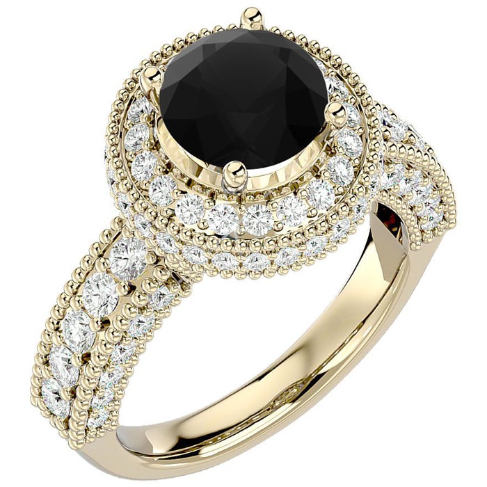 3 1/2 Carat Black Diamond Halo Engagement Ring In 14 Karat Yellow Gold